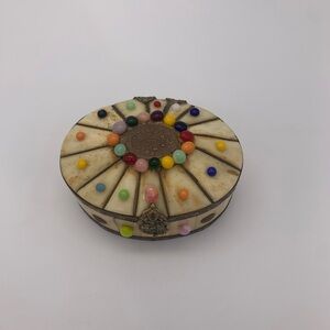 Retro Camel Bone Oval Trinket Box With Art Glass Beads Brass Trim & Clasp